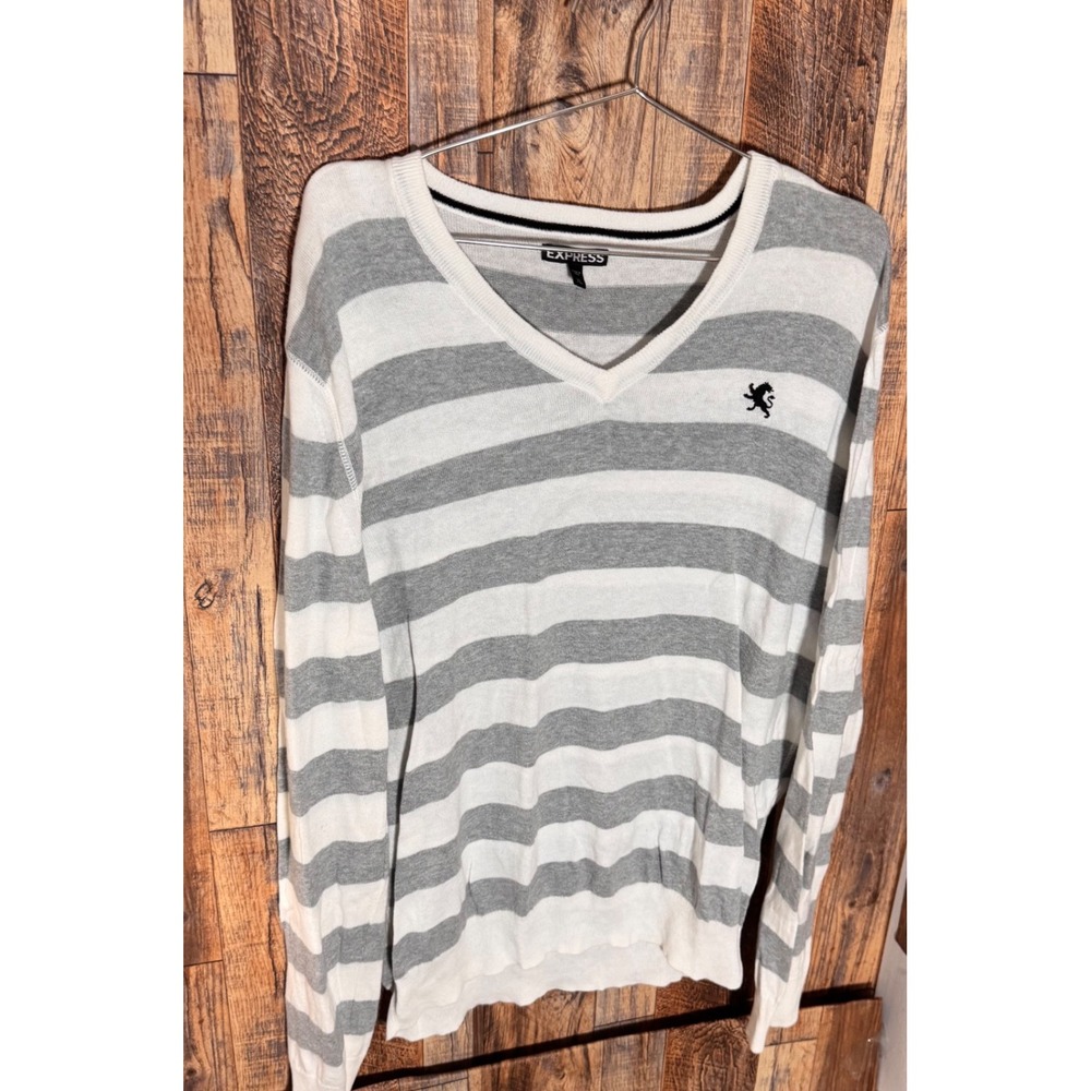Express Men's Striped V Neck Long‎ Sleeve Sweater Size XL Gray White Logo